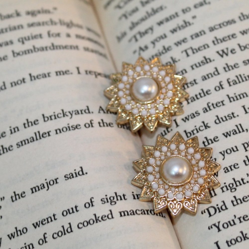 Intricate Gold Pearl Sunburst Cocktail Earrings